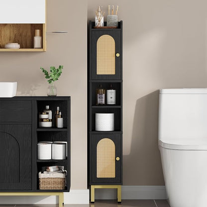 Hzuaneri Slim Bathroom Storage Cabinet, Narrow Bathroom Organizers,2 Doors | Narrow Bathroom Storage with 4 Adjustable Feet, Laundry Room Organization for Small Space,Kitchen,Rattan Black BC22404Y