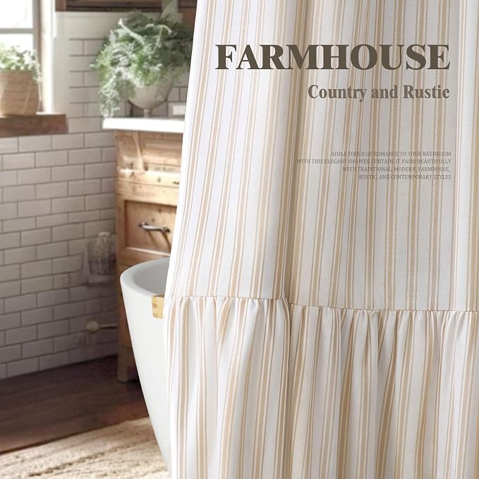 Farmhouse Shower Curtain Ruffle Linen White-Beige Stripe 72"W x 72"L | Farmhouse Boho, Striped, Bottom Ruffle, Cotton Fabric, Rustic, Country, Natural Look, Washable, for Bathroom Bathtub
