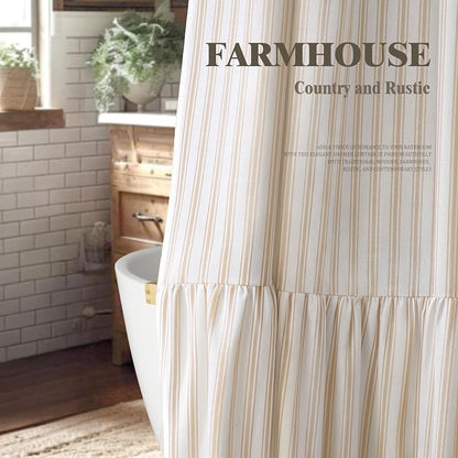 Farmhouse Shower Curtain Ruffle Linen White-Beige Stripe 72"W x 72"L | Farmhouse Boho, Striped, Bottom Ruffle, Cotton Fabric, Rustic, Country, Natural Look, Washable, for Bathroom Bathtub