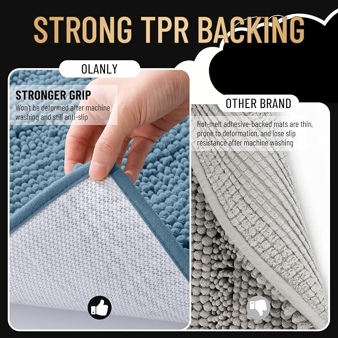 OLANLY Thick Large Bathroom Rugs 40x32, Soft Chenille Bath Rugs, Airy Blue | Absorbent Striped, Rubber Backing, Machine Wash Dry, Bath Mats for Bathroom Floor, Tub and Shower, Home Decor Accessories
