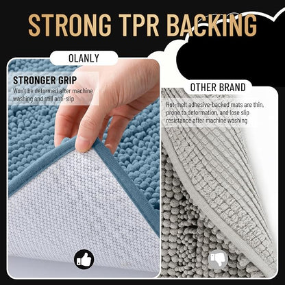 OLANLY Thick Large Bathroom Rugs 40x32, Soft Chenille Bath Rugs, Airy Blue | Absorbent Striped, Rubber Backing, Machine Wash Dry, Bath Mats for Bathroom Floor, Tub and Shower, Home Decor Accessories