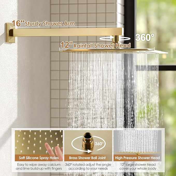 Shower System, Gold Shower Faucet Set with Shower Valve and Trim Kit, 12 Inch Rain Shower Head with Handheld Spray, Brushed Gold Shower Head and Handle Set, High Pressure Shower Head System
