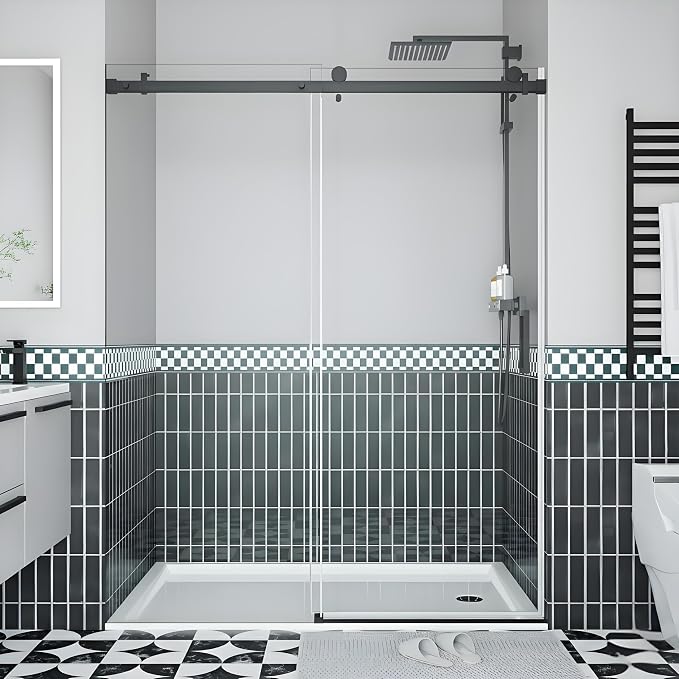 GarveeLife Frameless Sliding Shower Door 56-60 Inch W × 76 Inch H – Matte Black Stainless Steel Square Rail, Fixed Panel and Sliding Glass Shower Door with 6mm Tempered Glass, Easy Clean Coating