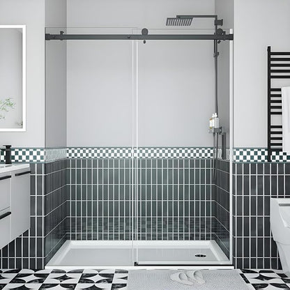 GarveeLife Frameless Sliding Shower Door 56-60 Inch W × 76 Inch H – Matte Black Stainless Steel Square Rail, Fixed Panel and Sliding Glass Shower Door with 6mm Tempered Glass, Easy Clean Coating
