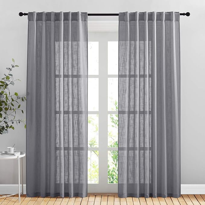 NICETOWN Sheer Curtains 84 inches Long Linen Look for Farmhouse, Rustic Rod Pocket & Back Tab Semi Sheer Window Treatments Balance Light & Privacy for Living Room, 52" Wide, Grey, 2 Panels