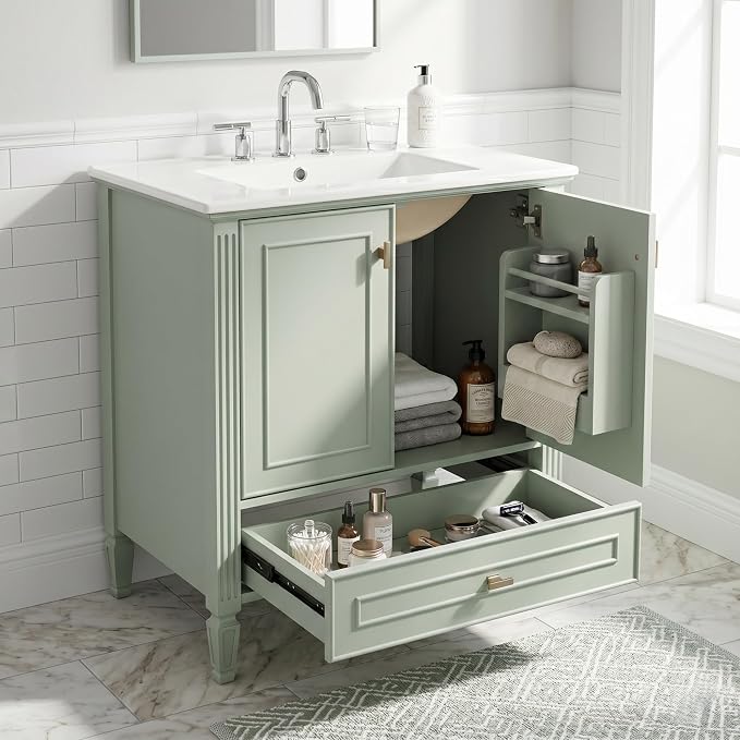 Merax 30 Inch Bathroom Vanities with Undermount Sink, Vanity Cabinet with Door Rack Shelf, Multi-Functional Drawer with Dividers, Soft Closing Doors, Green