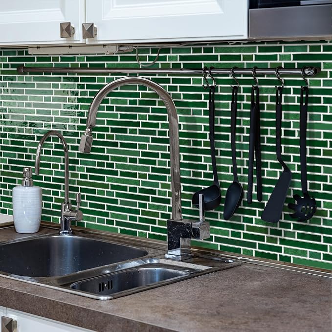 Alwayspon 10 Sheets 12" x12inch Emerald Green Marble Effect Vinyl Tiles, Backsplash, Self-Adhesive Peel and Stick Wall Tile Stickers, Stick on Subway Tiles for Kitchen Bathroom Wall Decor