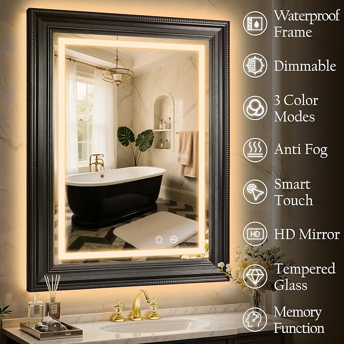 ROLOVE 24x35 Inch Antique Rectangle Wall Mirror with Lights, Ornate Waterproof Frame, Vintage Mirror for Over Sink with Anti-Fog, Plug-in/Hardwired, Shatterproof Glass, Baroque Mirror for Wall Decor