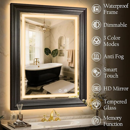 ROLOVE 24x35 Inch Antique Rectangle Wall Mirror with Lights, Ornate Waterproof Frame, Vintage Mirror for Over Sink with Anti-Fog, Plug-in/Hardwired, Shatterproof Glass, Baroque Mirror for Wall Decor