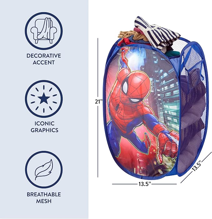 Marvel Spider-Man Pop-Up Hamper for Kids, Collapsible Laundry Basket with Durable Carry Handles, Lightweight Portable Clothes Hamper & Storage Bin for Bedroom, Playroom & Bathroom, Blue