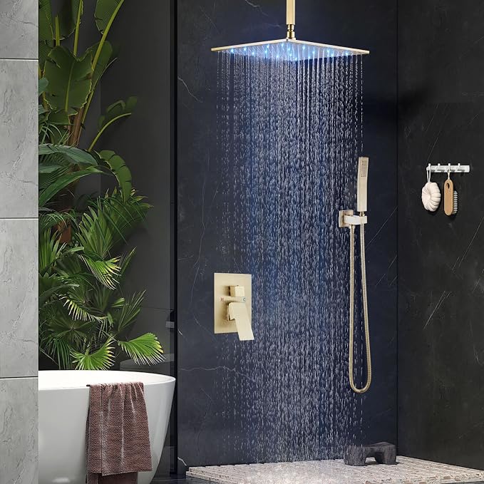 Aolemi Ceiling Shower Faucet Set with Handheld 16" LED Head Brushed Gold | Handheld Spray,16 Inch Rain LED Head,Shower Valve and Trim Kit,All Metal,Ceiling System,Bathroom Mixer