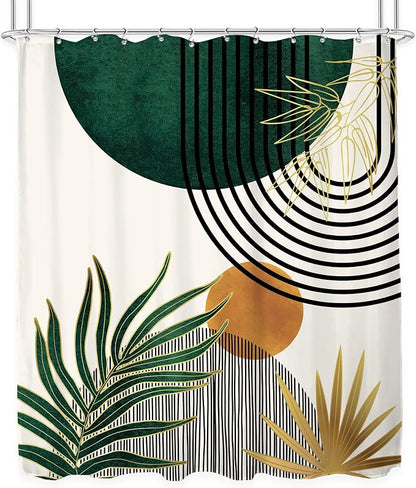KOMLLEX Mid Century Green Boho Abstract Modern Bathroom Shower Curtain Set | 72Wx84L Plant Botanical design, waterproof HD print with fast-drying fabric and 12 hooks.