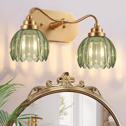 Vintage Gold Vanity Lights, 2-Light Green Tulip, Antique Brass Finish | Brushed Gold Bathroom Light Fixtures, Crystal Wall Sconce Ideal for Bedroom, Living Room, E26 Compatible, Easy Install