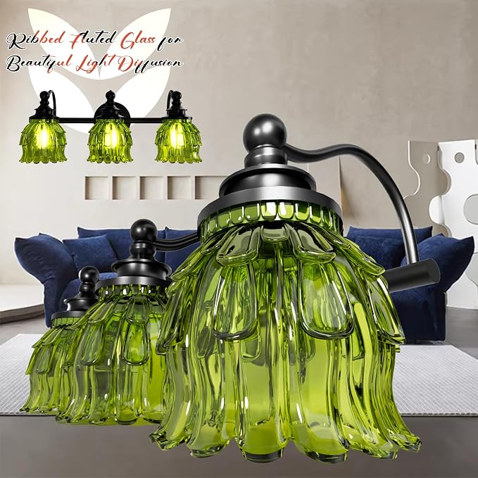 3-Light Bathroom Vanity Light Fixture Wall Mounted Mirror Front Lamp | with Water-Lily Shaped Green Crystal Glass Shade, Modern Black Antique Finish Lamp for Mirror Kitchen Living Room Hallway