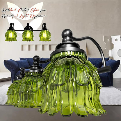 3-Light Bathroom Vanity Light Fixture Wall Mounted Mirror Front Lamp | with Water-Lily Shaped Green Crystal Glass Shade, Modern Black Antique Finish Lamp for Mirror Kitchen Living Room Hallway