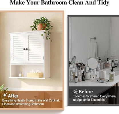Bathroom Wall Cabinet with Adjustable Shelf, White 25" x 24" Medicine Cabinet with Louvered Doors, Over Toilet Storage Cabinet, Wall Mounted Bathroom Organizer for Bathroom, Laundry Room