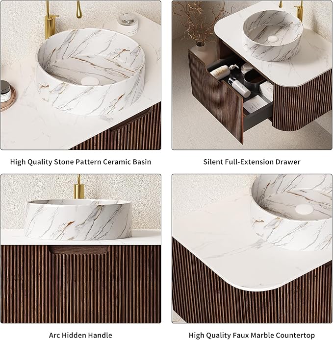Yayzy 24" Floating Bathroom Vanity with Sink, Solid Wood Fluted Cabinet, White Marble-Patterned Ceramic Basin & Faux Marble Top, Soft-Close Drawer, Pre-Assembled, Walnut Woodgrain