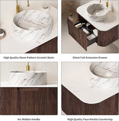 Yayzy 24" Floating Bathroom Vanity with Sink, Solid Wood Fluted Cabinet, White Marble-Patterned Ceramic Basin & Faux Marble Top, Soft-Close Drawer, Pre-Assembled, Walnut Woodgrain