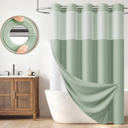 72x81 Ringless Linen Look Shower Curtain with Snap in Liner Sage Green | Tall Size, 3 in 1 Shower Curtain Set, Removable Liner, Waterproof & Washable, Mesh Top Window, Durable Fabric, Easy Setup