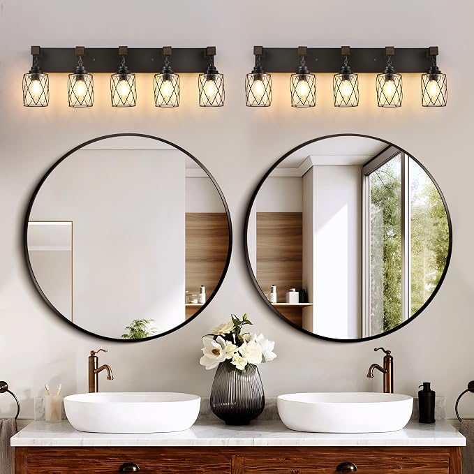 Bathroom Light Fixtures,Farmhouse Black Metal with Glass Shade | 5 Light Rustic Vanity Lights, Wood Accent Wire Cage Design, Mounts Over Mirror, Ideal for Bedroom & Hallway,Easy to Install