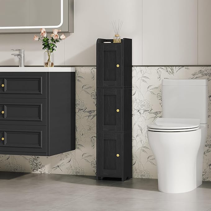 Slim Bathroom Storage Cabinet, Narrow Cabinet with 3 Doors, Small Bathroom Organizers and Storage, Laundry Room Organization for Small Space, Kitchen, Living Room, Black 022304X