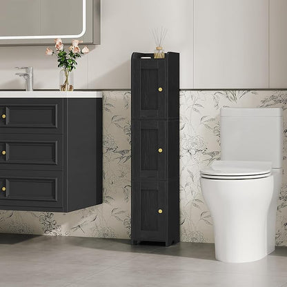 Slim Bathroom Storage Cabinet, Narrow Cabinet with 3 Doors, Small Bathroom Organizers and Storage, Laundry Room Organization for Small Space, Kitchen, Living Room, Black 022304X