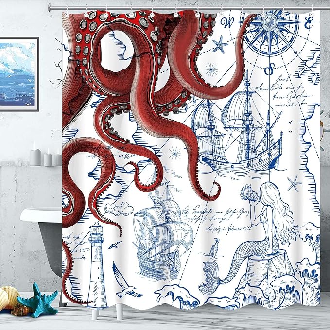 Fungarth Long Red Nautical Octopus Shower Curtain Navy Blue Mermaid Funny Ocean Kraken Shower Curtains for Bathroom Cool Anchor Coastal Map Waterproof Fabric Bath Curtain Decor (Red, 72” x 78”)