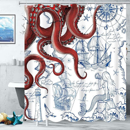 Fungarth Long Red Nautical Octopus Shower Curtain Navy Blue Mermaid Funny Ocean Kraken Shower Curtains for Bathroom Cool Anchor Coastal Map Waterproof Fabric Bath Curtain Decor (Red, 72” x 78”)