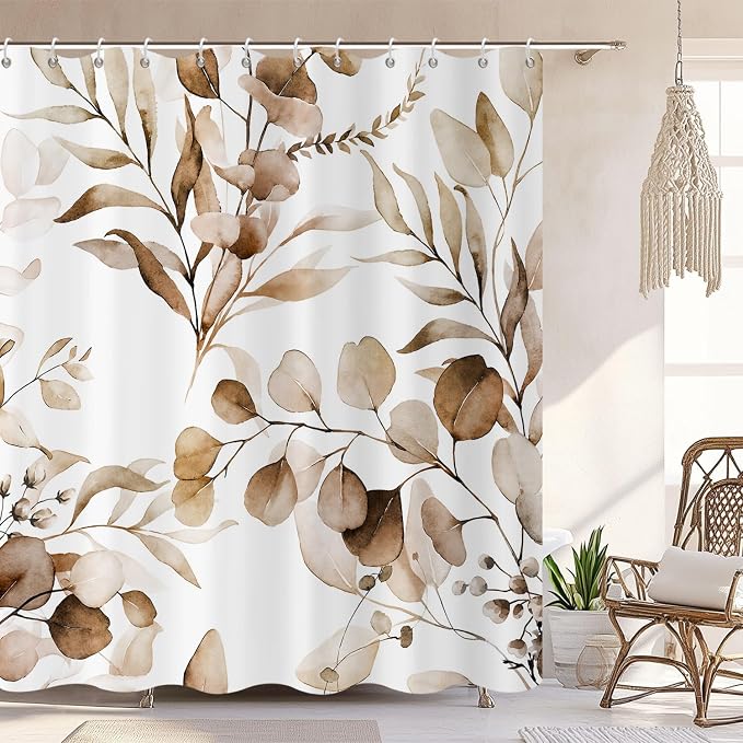 Brown Shower Curtain, Watercolor Eucalyptus Leaves Botanical Plants with Floral Bathroom Curtain Home Bathtub Decor Waterproof Fabric Machine Washable with 12 PCS Hooks,60" Wx72 L
