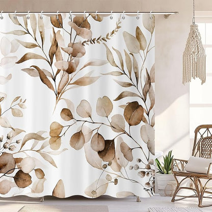 Brown Shower Curtain, Watercolor Eucalyptus Leaves Botanical Plants with Floral Bathroom Curtain Home Bathtub Decor Waterproof Fabric Machine Washable with 12 PCS Hooks,60" Wx72 L