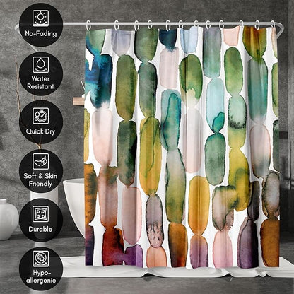 Americanflat 71x74 Oval Pattern Shower Curtain - Water-Resistant Long Shower Curtain with Metal Grommets and 12 Hooks - 100% Polyester - Olive Green, Teal, Yellow, Blush Pink, Plum and Burnt Orange