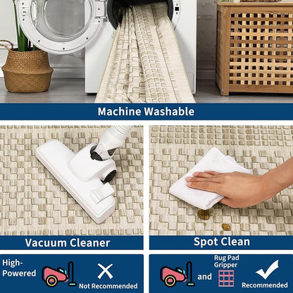 Washable Area Rug 9x12 Rug for Living Room Modern Plaid Large Area Rug for Bedroom Decor Farmhouse Non Slip Throw Rugs Low Pile Stain Resistant Carpet for Office Dining Room 9'x12' Beige
