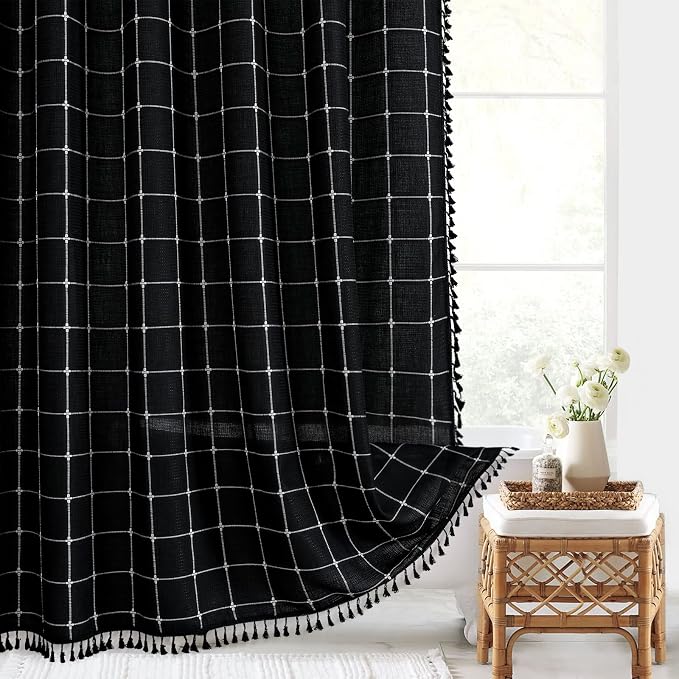 Black Boho Farmhouse Shower Curtain for Bathroom 72x72 | 320 GSM French Country Plaid Tassel Shower Curtain, Rustic Aesthetic Bathroom Decor Windows Curtain