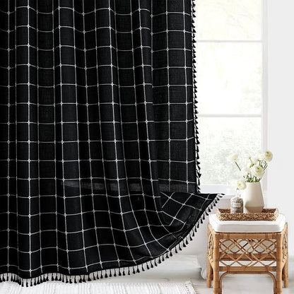 Black Boho Farmhouse Shower Curtain for Bathroom 72x72 | 320 GSM French Country Plaid Tassel Shower Curtain, Rustic Aesthetic Bathroom Decor Windows Curtain