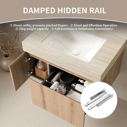 Bathroom Vanity with Sink 30 Inch, Floating Bathroom Vanity Sink Cabinet with Drawer and Door, Undermount Sink & Travertine-Pattern Sintered Stone Top, Pre-Assembled, White Oak