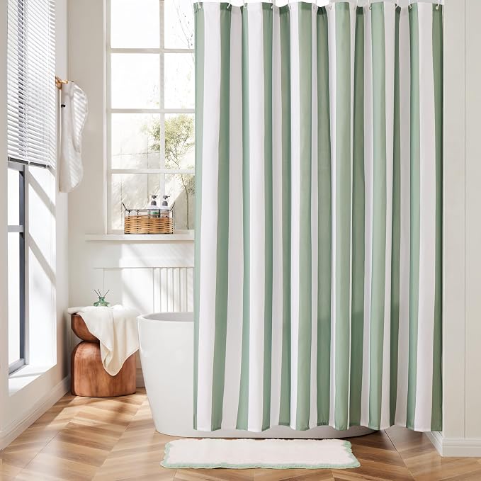 Ohocut Vertical Striped Shower Curtain, Cute Retro Vintage Stripe Bow Bathroom Shower Curtain, Waterproof Polyester Fabric Modern Bath Curtain for Bathroom 72x72 Inches Sage Green