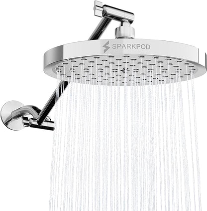SparkPod 8" Round Rain Shower Head with 11" Shower Arm | Shower Head & Extension Arm Combo, Height Adjustable, High Pressure Performance, Easy 1-Minute Installation,Polished Chrome