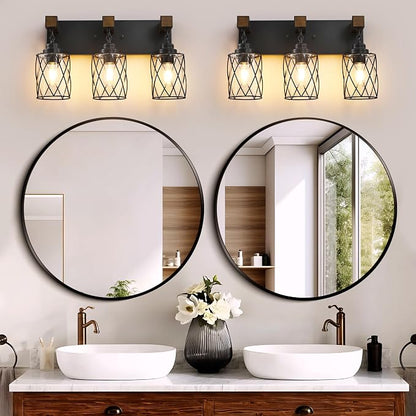Bathroom Light Fixtures,Farmhouse Black Metal with Glass Shade | 3 Light Rustic Vanity Lights, Wood Accent Wire Cage Design, Mounts Over Mirror, Ideal for Bedroom & Hallway,Easy to Install