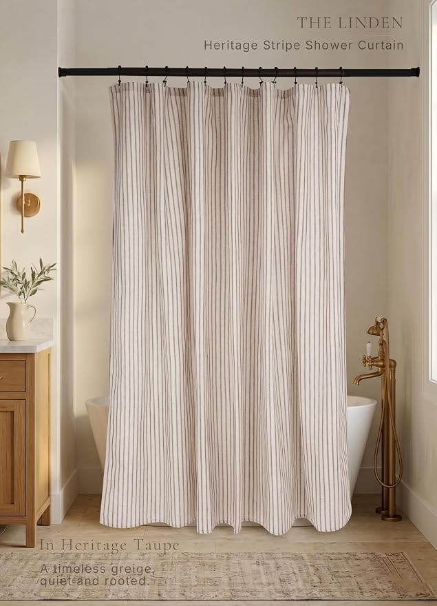 Farmhouse Striped Shower Curtain - Extra Long 72x84 Inches, Linen Blend Fabric, Breathable & Machine Washable, Rustic Taupe for Bathroom Decor (Hooks/Liner Not Included)