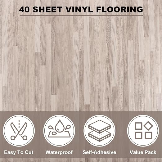 40 Sheet Vinyl Flooring 12x12 Peel and Stick Floor Tile Waterproof Clearance Vinyl Floor Tiles Striated Wood Self Adhesive Floor Tiles Sticky Laminate Flooring for Bathroom Kitchen Basement RV
