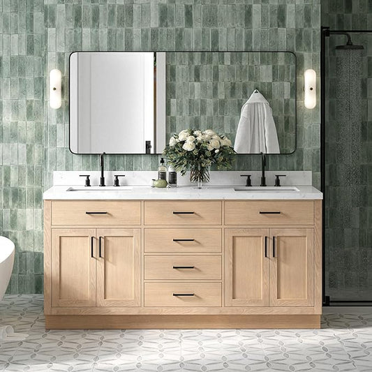 DKB Isabella 72-Inch Oak Double Bathroom Vanity, 1.5-Inch Carrara White Quartz Countertop & 4" Backsplash, Rectangle Sinks, 4 Soft Closing Doors, 6 Dovetail Drawers, Matte Black Hardware