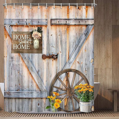 84 inch Extra Large Retro Barn Door Shower Curtain, Western Farmhouse Countryside Wooden Cabin Bath Curtain Sets for Bathroom,Fabric Vintage Yellow Flowers Decor Curtains with Hooks 72X84IN