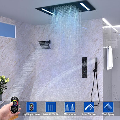 Luxury 20x14in LED Rainfall Mist Dual Shower System Can Run Togther | 4-way Thermostatic Digital Display Brass Valve, Ceiling Flush Mount Showerhead and 6in Tilt Shower, Brass Handheld, Black