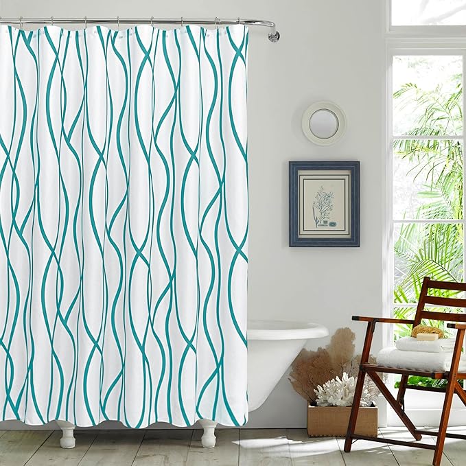 Fabric Modern Extra Long Shower Curtains for Bathroom-Turquoise and White | 72"W x 84"L Textured Faux Linen Luxury Hotel Quality Washable-Abstract Wavy Cloth Bath Curtain-Apartment Minimalist Decor