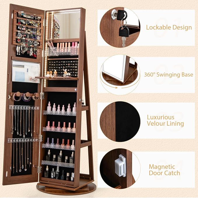 GOFLAME 360° Swivel Jewelry Cabinet Armoire with Full Length Mirror, Standing Jewelry Storage Organizer with Rear Storage Shelves, 3-Color LED Lights, Foldable Shelf, Interior Mirror, Walnut