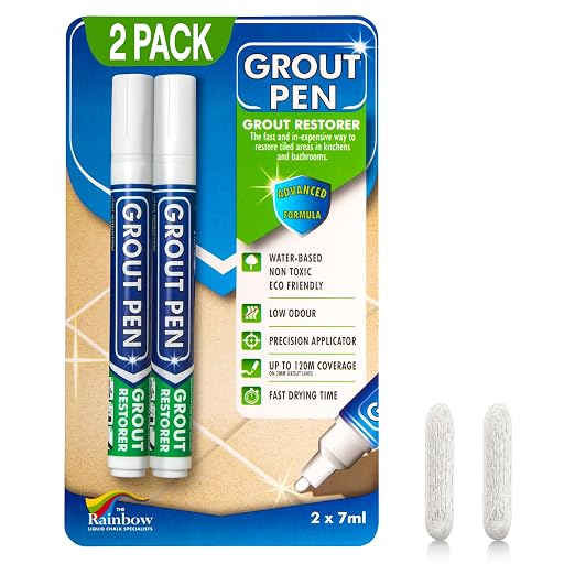 Grout Pen White Tile Grout Paint Marker - 2 Pack w/Extra Tips (7mL) | Waterproof Tile Grout Colorant and Sealer Pens for Cleaner Looking Floors & Whitener without Bleach - Narrow Tip 5mm - White