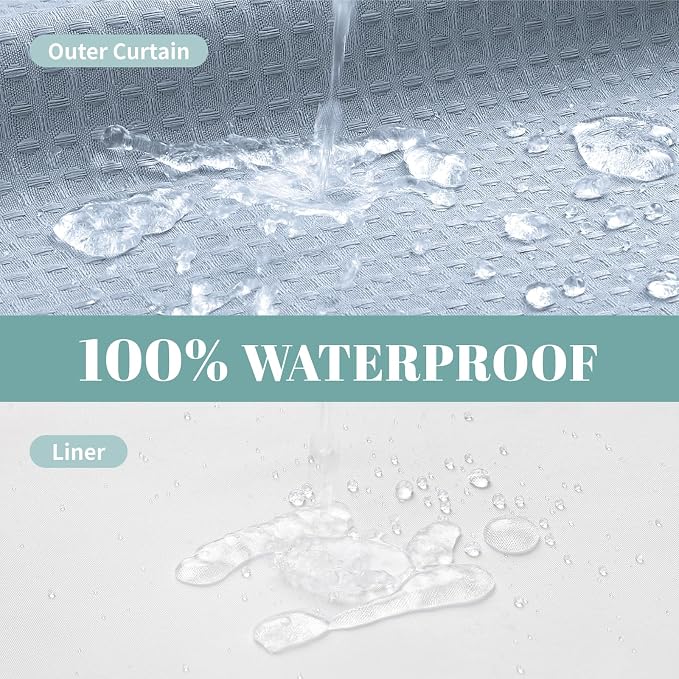 No Hook Waffle Shower Curtain with Snap-in Liner, 71x77 Inch, Frost Blue | 230 GSM waffle weave fabric, waterproof liner set with 2 bottom magnets, mesh top window, washable, for bathroom or hotel use