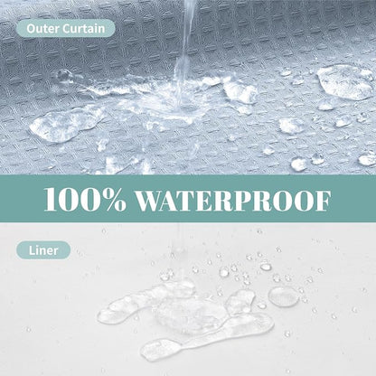 No Hook Waffle Shower Curtain with Snap-in Liner, 71x77 Inch, Frost Blue | 230 GSM waffle weave fabric, waterproof liner set with 2 bottom magnets, mesh top window, washable, for bathroom or hotel use