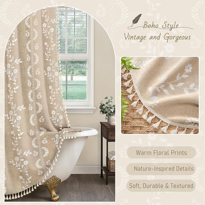 Vintage Boho Beige Shower Curtain, Floral Linen Patterned Shower Curtains for Bathroom with Tassels, 72 x 72