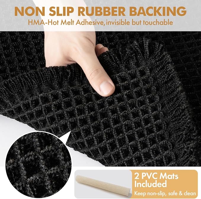 MIULEE Set of 2 Waffle Bathroom Rugs Boho Bath Mat Black 17x24 Inch | Non Slip, Super Absorbent, Washable, Ultra Soft, Rubber Backed, Small Bath Rugs for Bathroom Floor Tub Shower